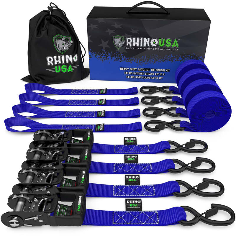 Rhino USA Heavy Duty Ratchet Tie-Down 4-Pack Blue 1.6In X 15Ft