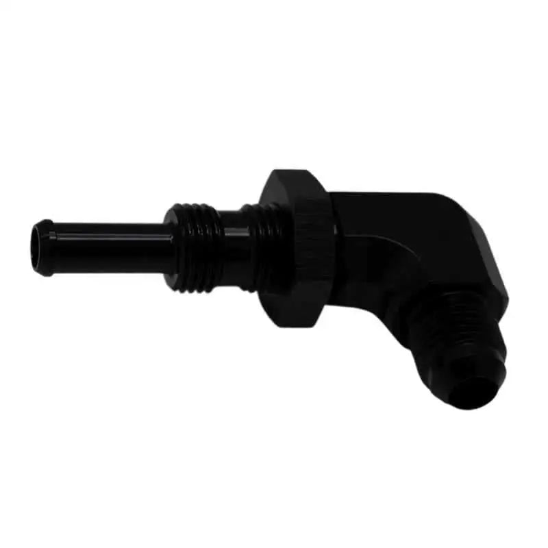 DeatschWerks 6AN Male Flare to 5/16in Male Barb Bulkhead Adapter 90-Degree - Anodized Matte Black 6-02-0712-b