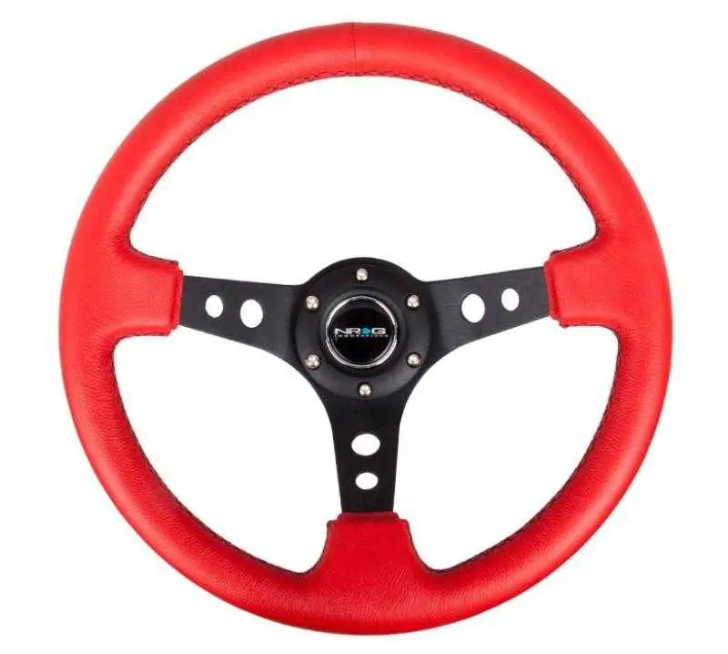 NRG Reinforced Steering Wheel (350mm / 3in. Deep) Red Leather/Blk Stitch w/Blk Circle Cutout Spokes rst-006rr-bs