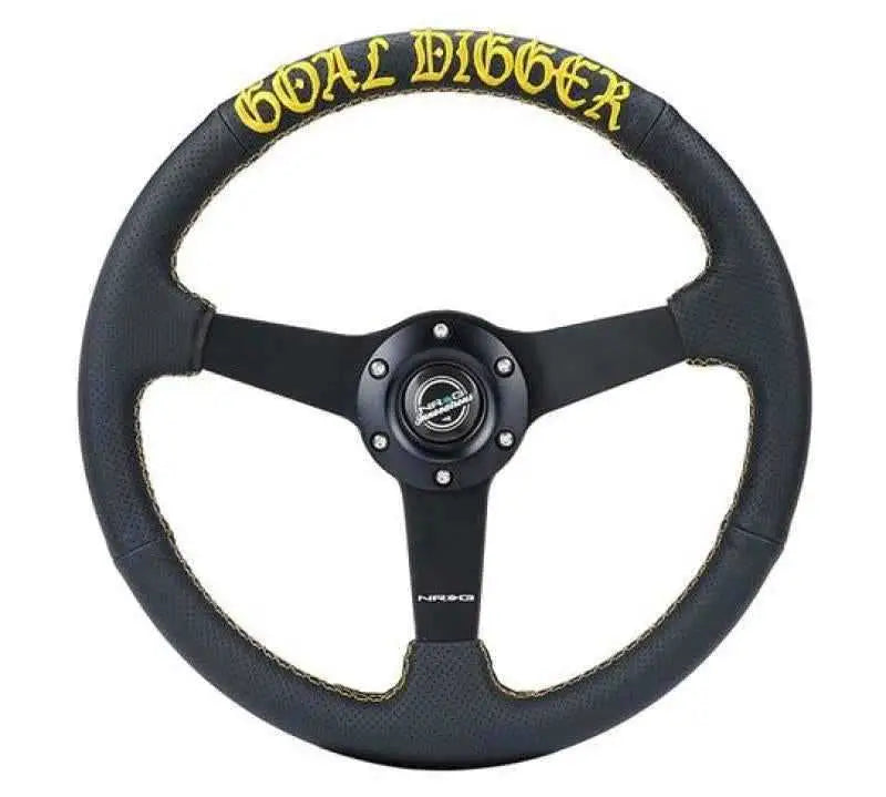 NRG Sport Steering Wheel (350mm / 1.5in Deep) Black Leather/Gold Stitch w/Matte Black Solid Spokes rst-037mb-pr-gd